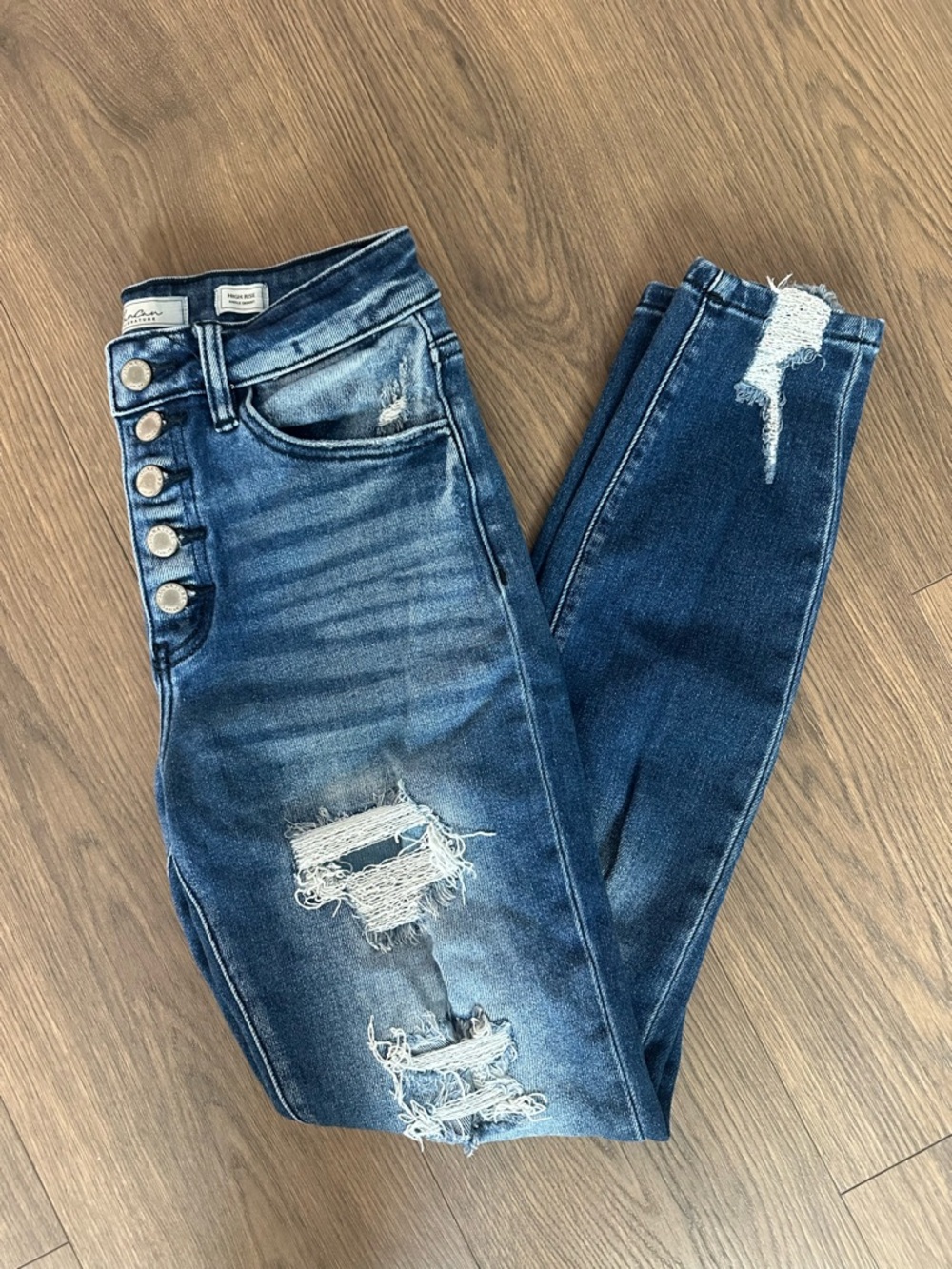 KanCan Dark Blue High-Rise Distressed Button-Fly Jeans